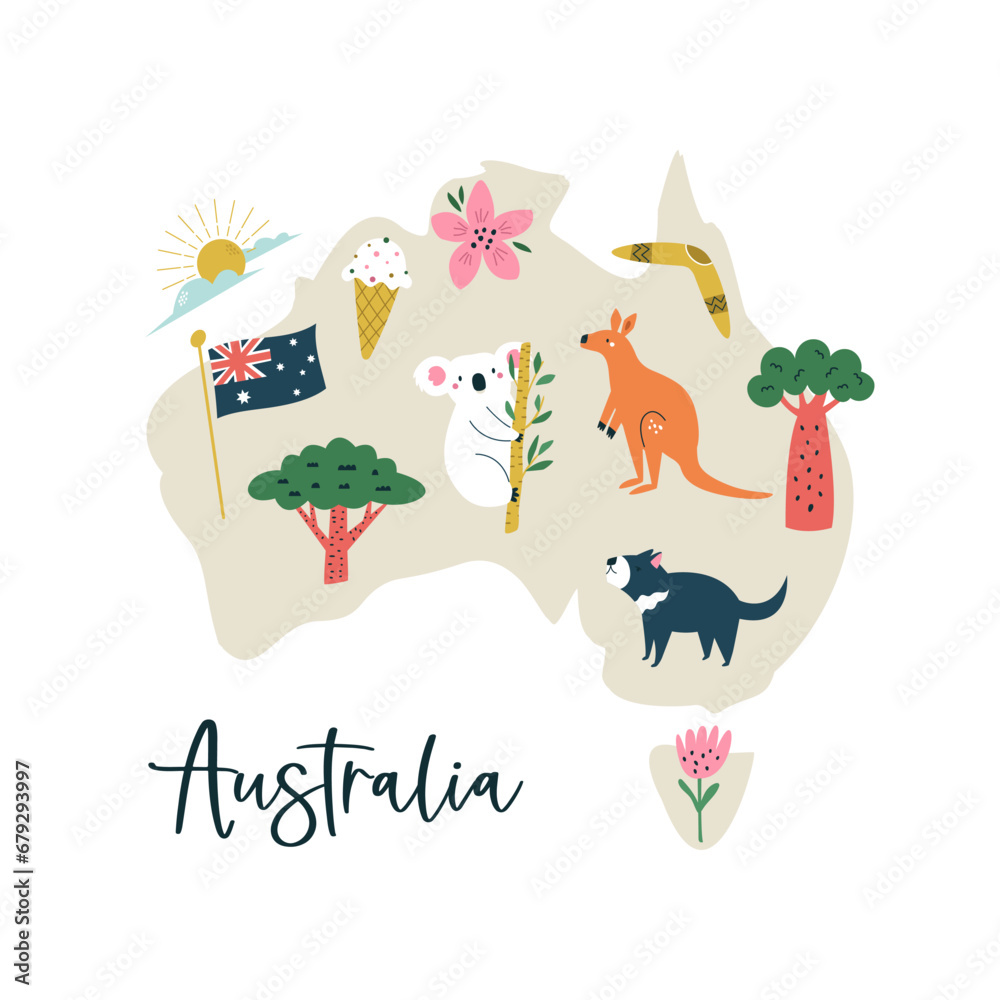 Colorful composition, design with famous symbols, animals on the map of ...