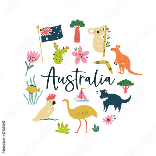 Colorful composition, circle design with famous symbols, animals of Australia.