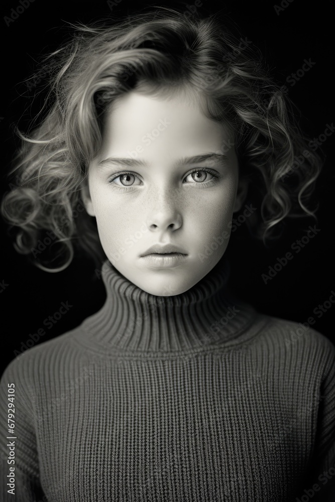 young woman with curly hair wearing a black turtleneck sweater - studio front portrait young woman with curly hair wearing a black turtleneck sweater - studio front portrait