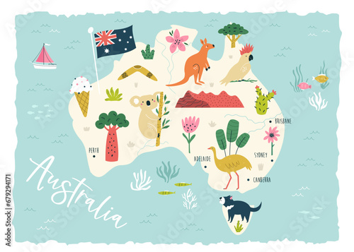 Colorful illustrated hand drawn map of Australia with famous symbols and animals
