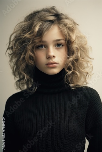 young woman with curly hair wearing a black turtleneck sweater - studio front portrait