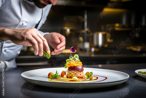 Chef garnishes exquisite dish, showcasing culinary artistry and passion for haute cuisine. Ideal for highlighting fine dining, gastronomy expertise, and sophisticated process of creating gourmet food photo