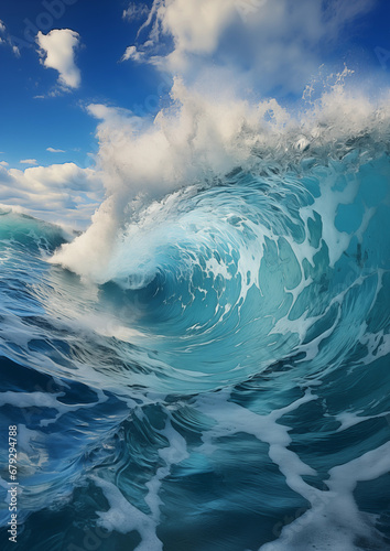 Here is the visual representation of a large ocean wave with white splashes on tumultuous blue water, capturing the powerful and dynamic movement of the sea Generative AI © Cristiano