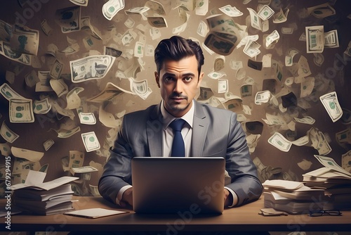 partial view of businessman working on laptop in office And Money papers Behind Him