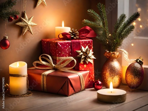 Christmas background with burning candles, wreath and golden gift box on table