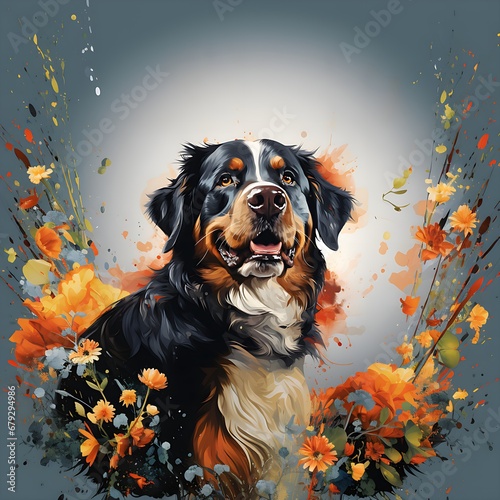 Bernese Mountain Dog surrounded by flowers and splashes of paint on a gradient gray background. High quality illustration © Nina Mihailova