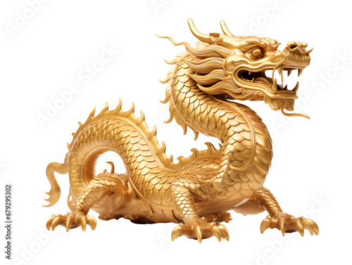 Golden dragon statue, Chinese lucky animal symbol, on PNG transparent background.