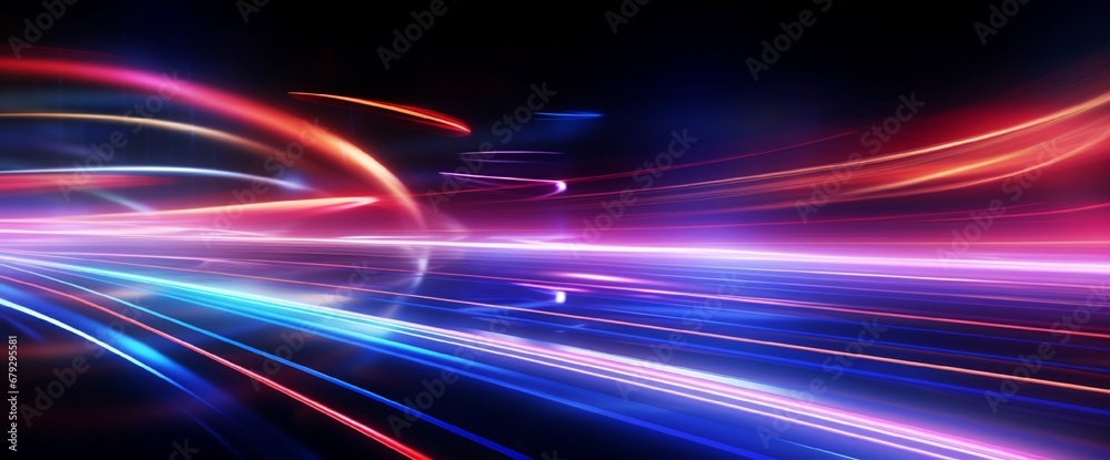 3d Neon light effect glowing trails. Colorful Light motion speed background. Motion blur long time effect. Technology 5g design concept. Laser beam sparkling on dark scene. Fast moving to futuristic.