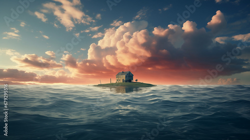 a small house on a small island in the middle of the ocean against a backdrop of pink clouds at sunset