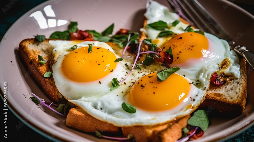 Fried eggs gem bread toast breakfast avocado illustration picture AI generated art Fried eggs gem bread toast breakfast avocado illustration picture AI generated art