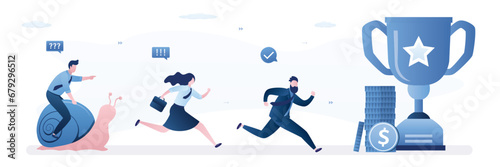 Business competition. Advantage, concept. Winners businesspeople running very fast. Office Relationships. Loser ride on slow snail, technological lag. Award, money prize