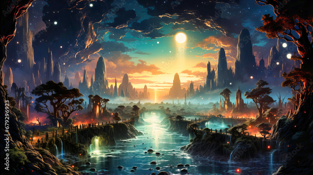 Alien Architecture, Tranquil Lake, and Cosmic Imagery in a Sci-fi Fantasy Landscape. Otherworldly City Scape