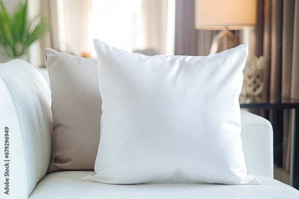 blank white polyester pillow with no pillow sitting on a couch - closeup mockup template - obrazy, fototapety, plakaty 