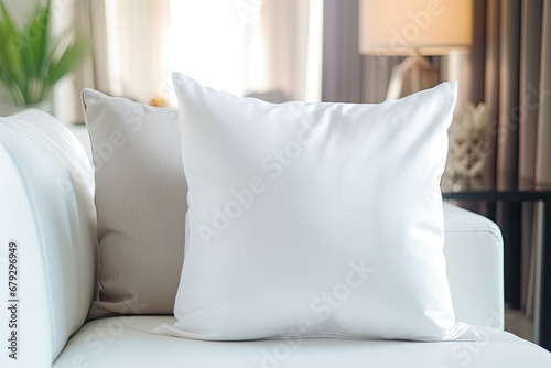 blank white polyester pillow with no pillow sitting on a couch - closeup mockup template