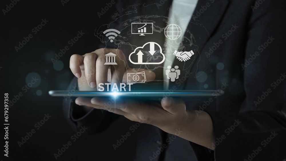 Startup concept with icon business and network connection on modern virtual interface from digital tablet. man touching on tablet Startup concept with icon business and network connection on modern virtual interface from digital tablet. man touching on tablet