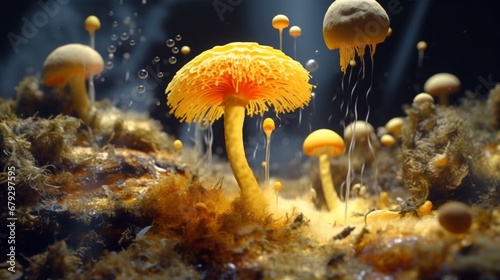 Fungus sprouting bright orange peel mulch photography image AI generated art