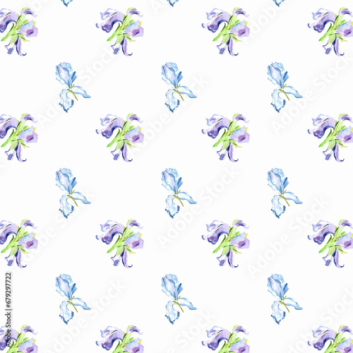 Watercolor purple pastel irises seamless pattern. Hand drawn illustration with flowers for textile design or wrapping paper. Texture for print on isolated background Floral print for wallpaper. 