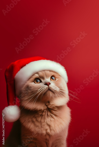 Cute red cat wearing a Santa Claus hat on a red background. Christmas card. Vertical