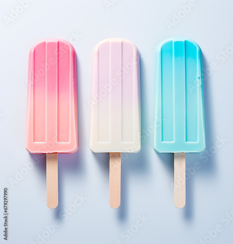Three colorful popsicles on a blue background.