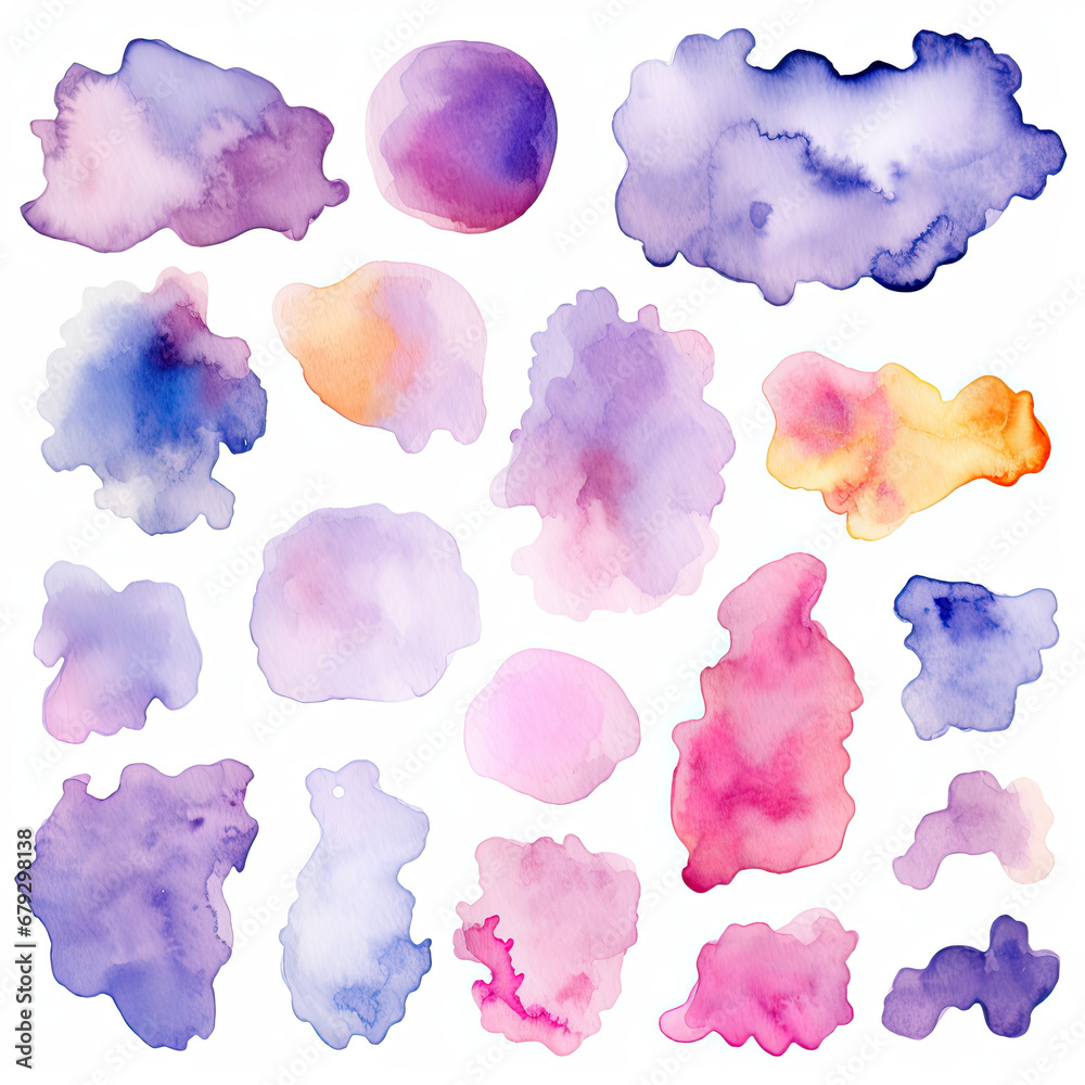Colorful Abstract Watercolor Clipart Texture Set On White Background, Multiple Color Watercolor Clipart for Creations As Banner, Greeting Invitation Or Logo Wedding Elements. Generative AI 