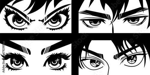 Close up eye look of manga style characters. Anime young woman and man eyes set. Asian culture cartoon style eyes. Black and white comic cartoon eyes vector template for you designs.