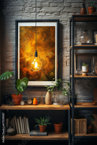 Modern home interior with designer wooden dresser, poster mockup, live plants, accessories in stylish home decor.