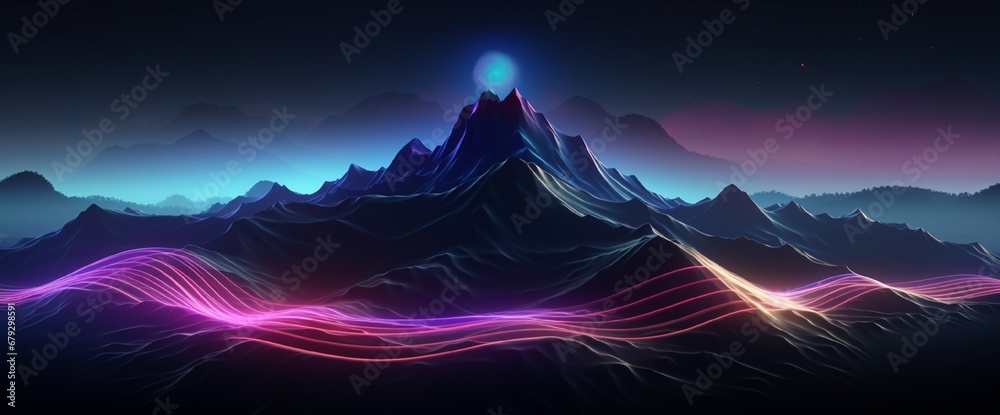colorful glowing lines with dark mountain background, 3d rendering, computer digital drawing