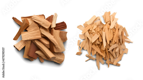 closeup of two piles of cedar or palo santo incense, wood chips isolated over a transparent background, top view / flat lay photo