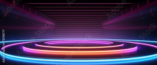 Futuristc multicoloured neon loop lights, empty stage background concept. 3D illustration.