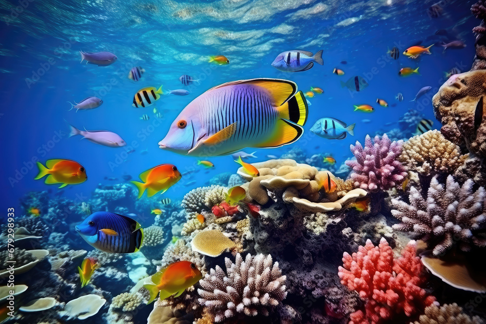 Fototapeta premium Underwater with colorful sea life fishes and plant at seabed background, Colorful Coral reef landscape in the deep of ocean. Marine life concept, Underwater world scene.