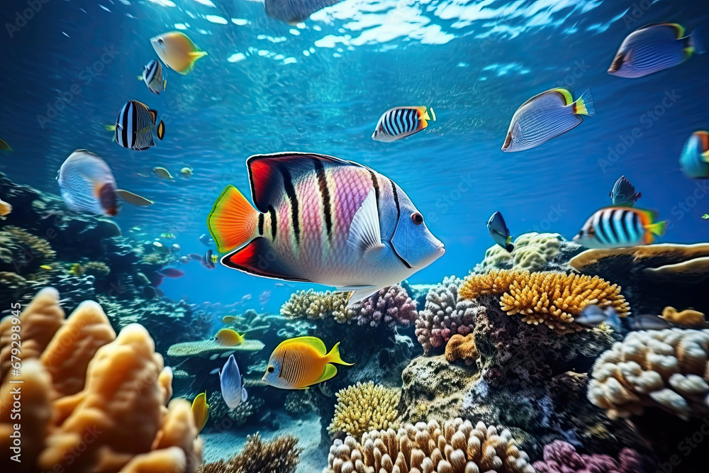 Fototapeta premium Underwater with colorful sea life fishes and plant at seabed background, Colorful Coral reef landscape in the deep of ocean. Marine life concept, Underwater world scene.