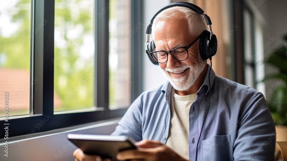Elderly person making a video phone call with Grandchildren, online Learning via a tablet Elderly person making a video phone call with Grandchildren, online Learning via a tablet