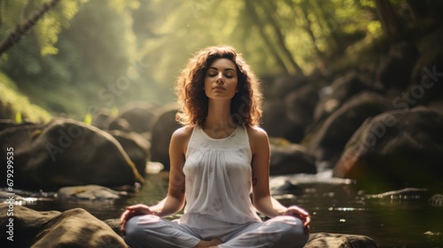 A young white woman meditating in nature, practicing mindfulness and focused breathing to improve her mental well-being.
