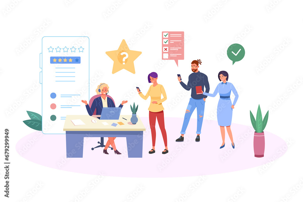 Customer queue at support manager. Clients complaint on call, questions ask for consulting specialist, online review, png illustration Customer queue at support manager. Clients complaint on call, questions ask for consulting specialist, online review, png illustration