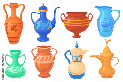 Cartoon antique jug. Ancient pitcher, traditional ornate old pot for wine or water vessel, isolated collection jugs with ornament paintings, clay amphora, neat png illustration