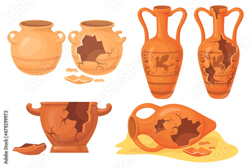 Cartoon broken pottery. Old cracked ceramic vases, history archeology urn for museum, ancient clay pots jar jug vessel, greece or roman artefact photo