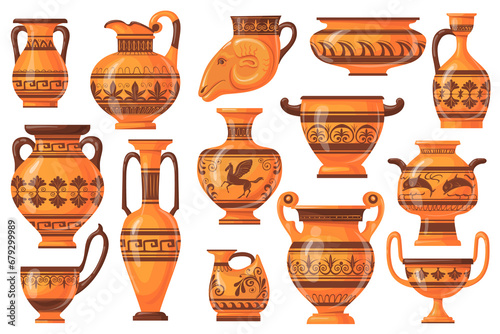 Cartoon greek pots. Ancient pottery ceramic vases, old antique pot jug jars vase, isolated collection craft earthenware of greece, clay ornament oil bowl, neat png illustration photo