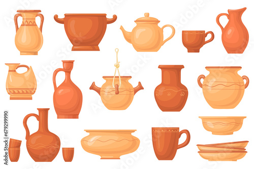Cartoon clay crockery. Antique ceramico utensils, brown earthenware pot dish vessels cup jug bowl, ancient ceramic dishes, image pottery kitchenware, icon neat png illustration
