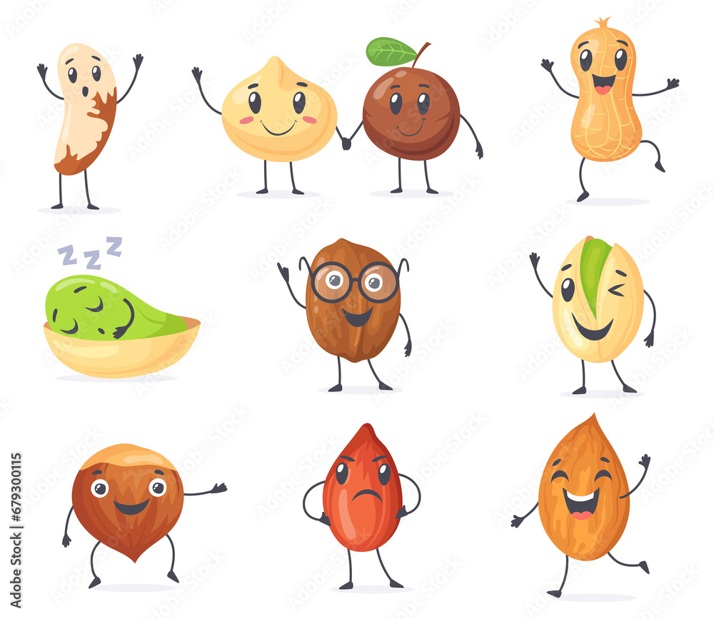 Fototapeta premium Cute protein nuts. Happy nut cartoon character bean, funny peanut seed, mascot almond vegan food caractere, pistachio emoji coconut face healthy nutrition, neat png illustration