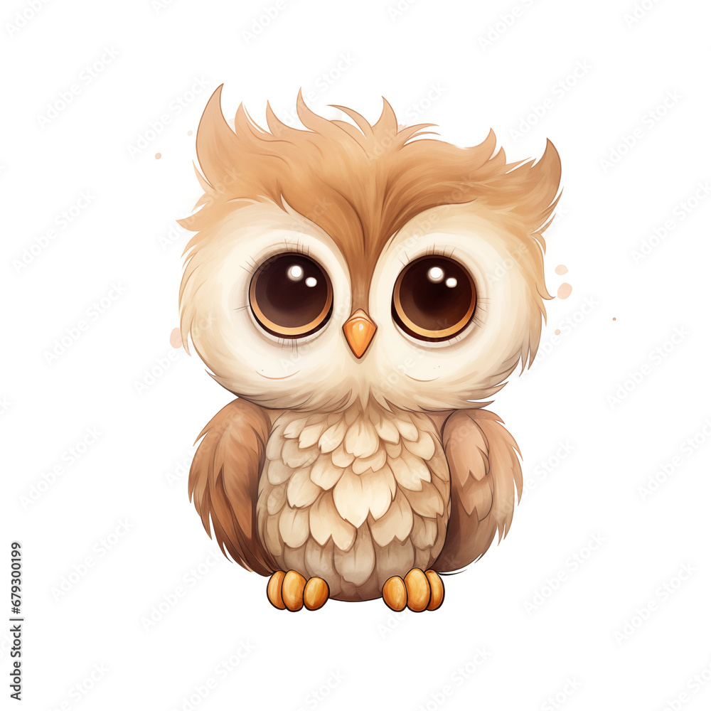 Watercolor cute kawaii a beige owl in boho style, png with transparent background Watercolor cute kawaii a beige owl in boho style, png with transparent background