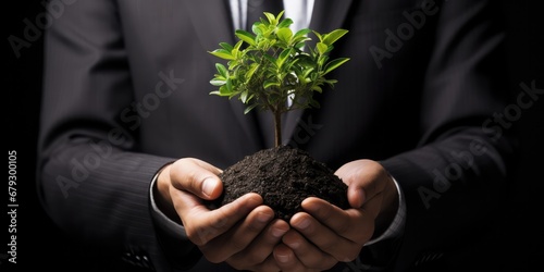 A Businessman Holding A Tree In His Hands. Сoncept Eco-Friendly Business Practices, Corporate Social Responsibility, Sustainable Innovation