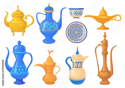 Cartoon arabic jugs. Moroccan teapot or bowl, antique aladdin lamp with genie, kitchen arabical treasure, jug art gold pot for coffee tea photo