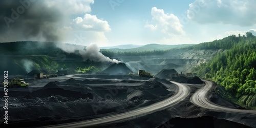 Balancing Carbon Emissions With Clean Energy And A Green Leafcoal Trucks In Open Mine Industrial Landscape. Сoncept Carbon Offsetting, Renewable Energy Solutions, Sustainable Mining Practices photo
