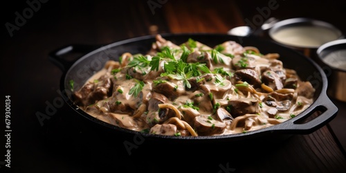 Closeup Of Tantalizing Beef Stroganoff In A Pan