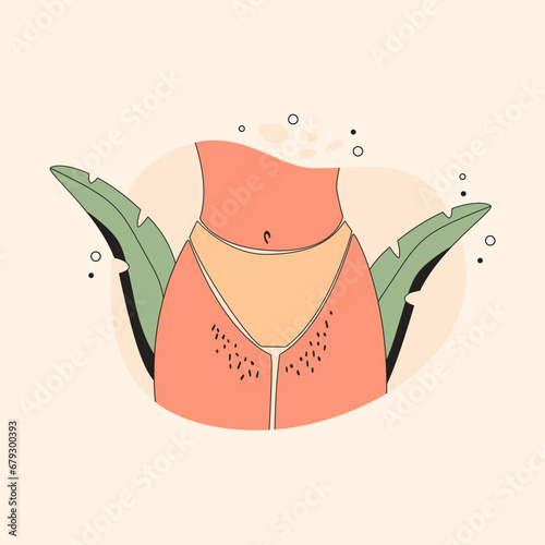 Unshaved woman legs. Female hairy body hips area cartoon style, depilation, hair removal, body positive concept. Vector illustration