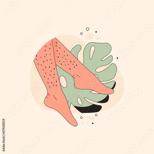 Unshaved woman legs. Female hairy body area cartoon style, depilation, hair removal, body positive concept. Vector illustration