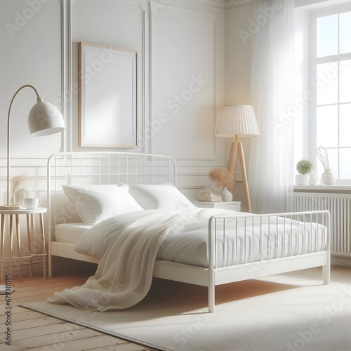 A light and airy bedroom with a white bed frame  a minimalist nightstand  and a floor lamp