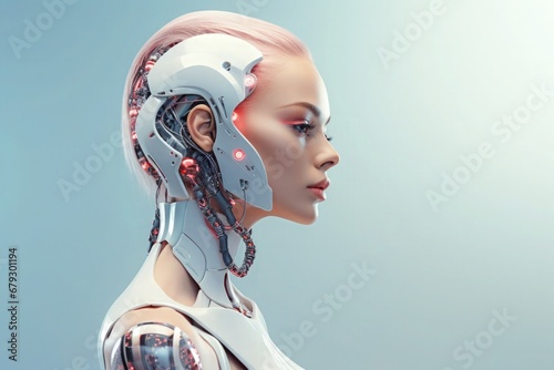 Artificial General Intelligence AI Woman Female Humanoid Robot Human Computer Hybrid Interaction Advanced Technology Solid Color Background photo