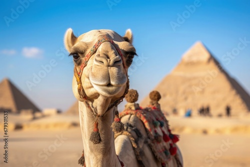 Happy Camel visiting Pyramids in Giza Egypt Desert Smiling Vacation Travel Cultural Historical Heritage Monument Taking Selfie © Vibes 16:9