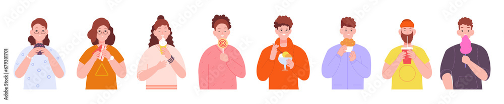 Obraz premium People meal desserts. Girl eating icecream, young man with eaten birthday cake sugar cream, person eat food drink sweet desserts restaurant, cartoon splendid png illustration